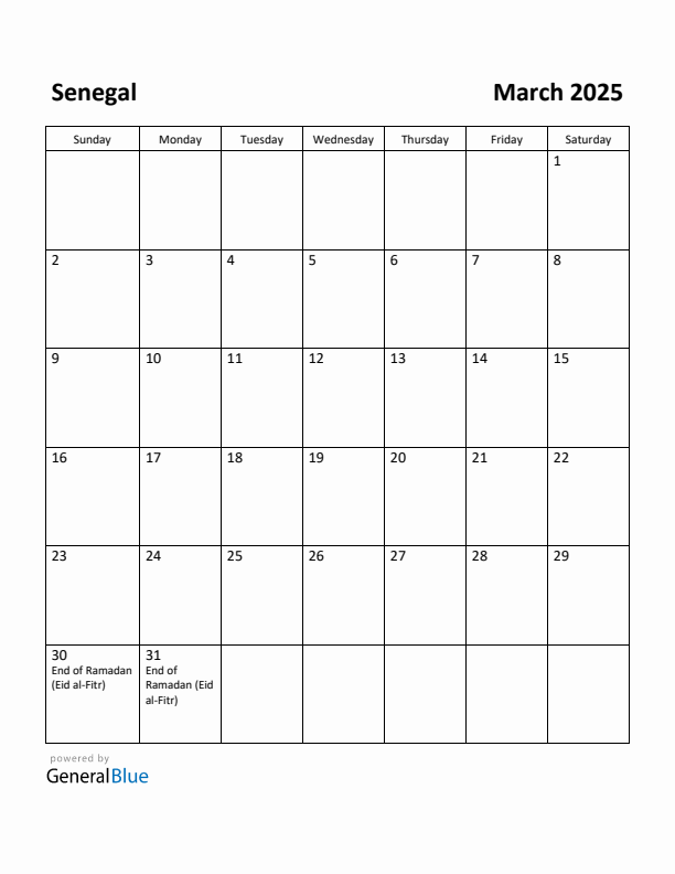 March 2025 Calendar with Senegal Holidays