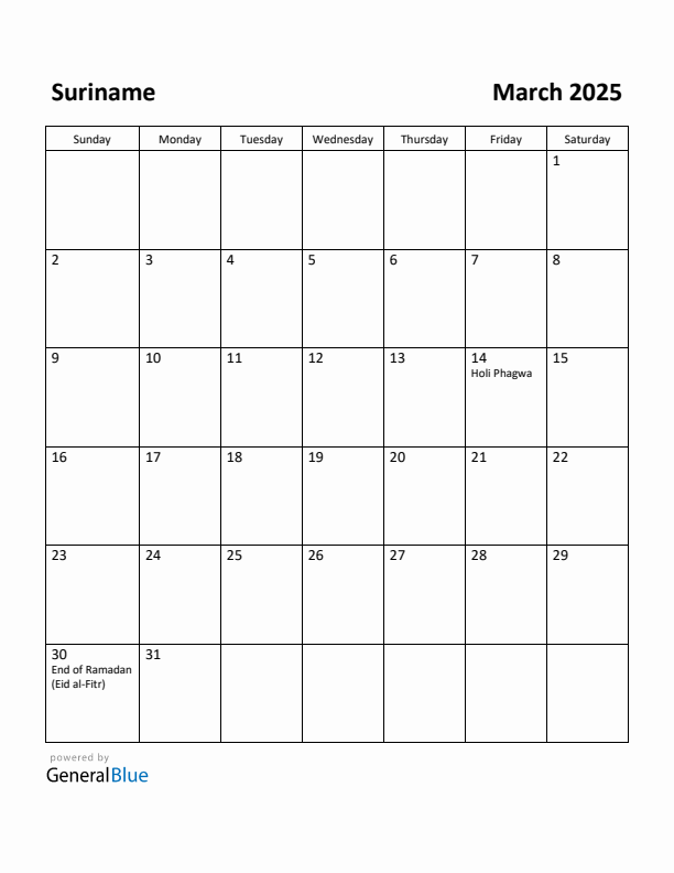 March 2025 Calendar with Suriname Holidays