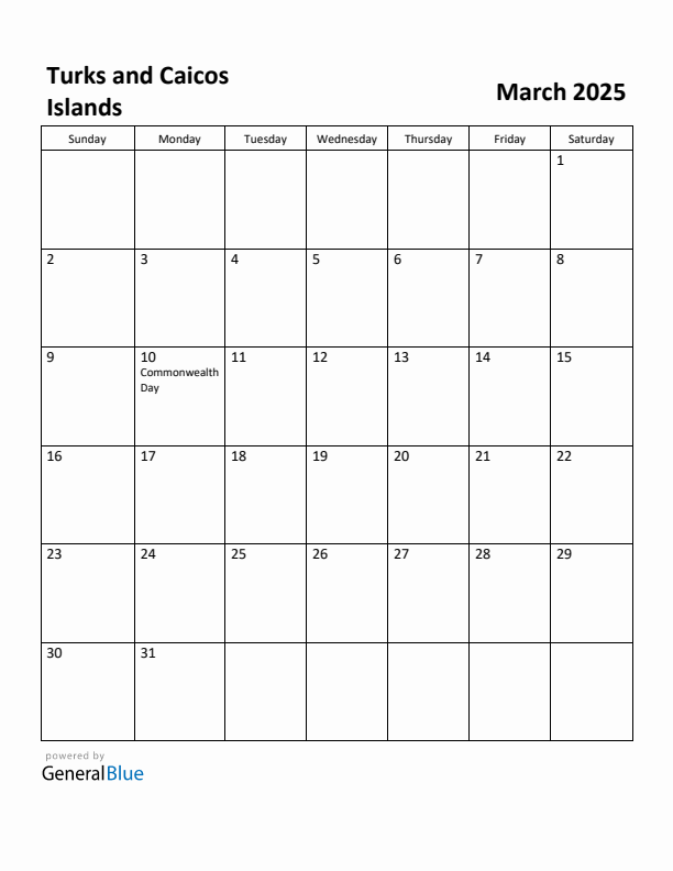 March 2025 Calendar with Turks and Caicos Islands Holidays