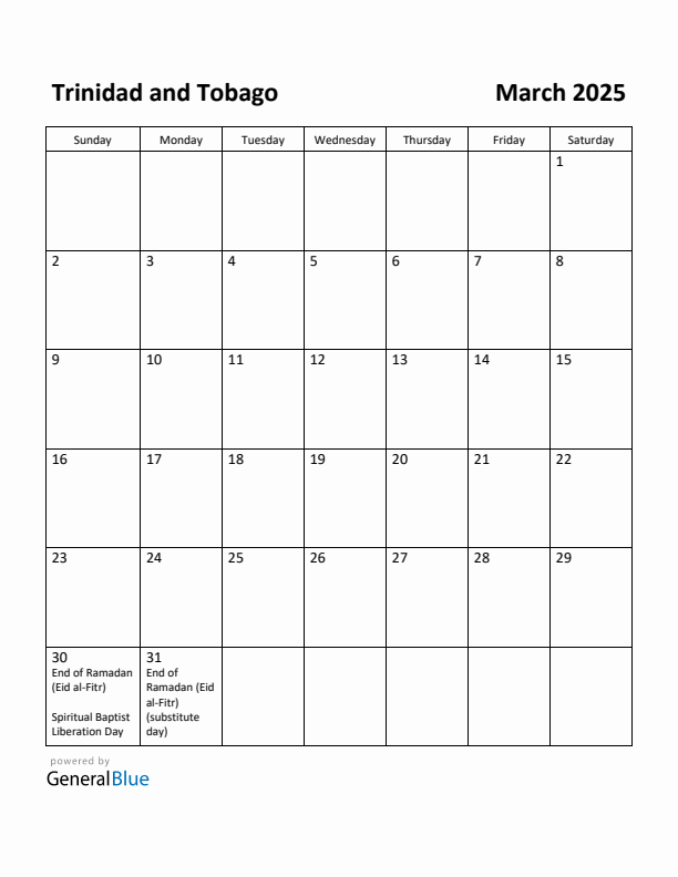 March 2025 Calendar with Trinidad and Tobago Holidays