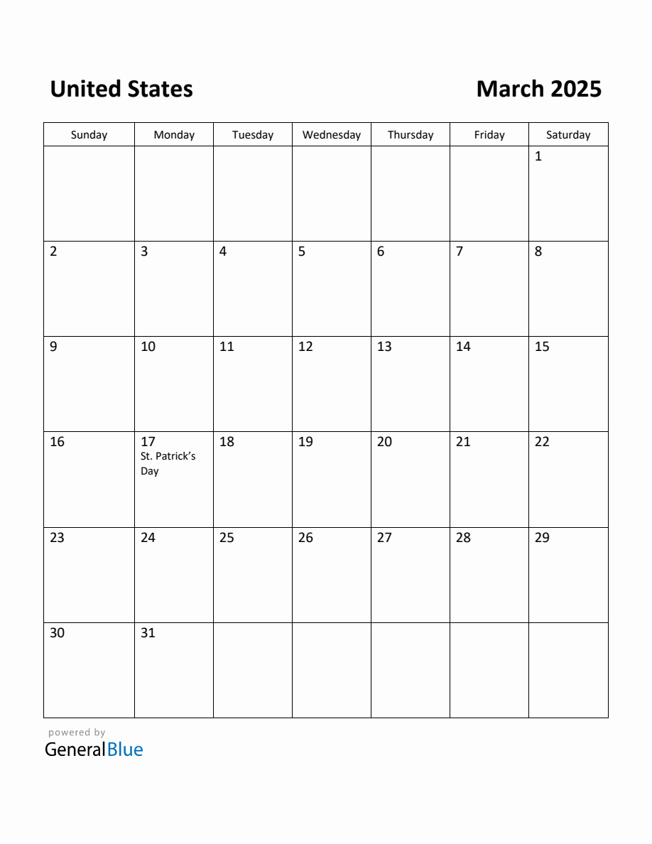 Free Printable March 2025 Calendar for United States