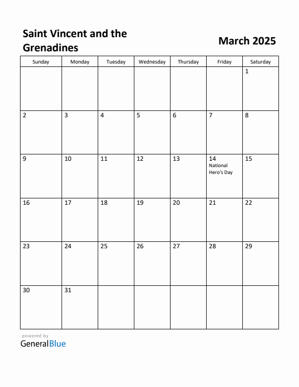 March 2025 Calendar with Saint Vincent and the Grenadines Holidays