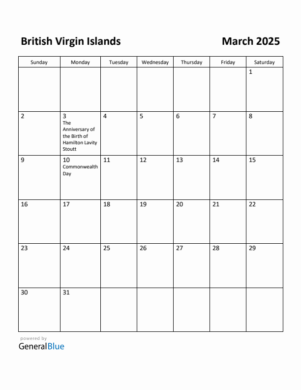 March 2025 Calendar with British Virgin Islands Holidays
