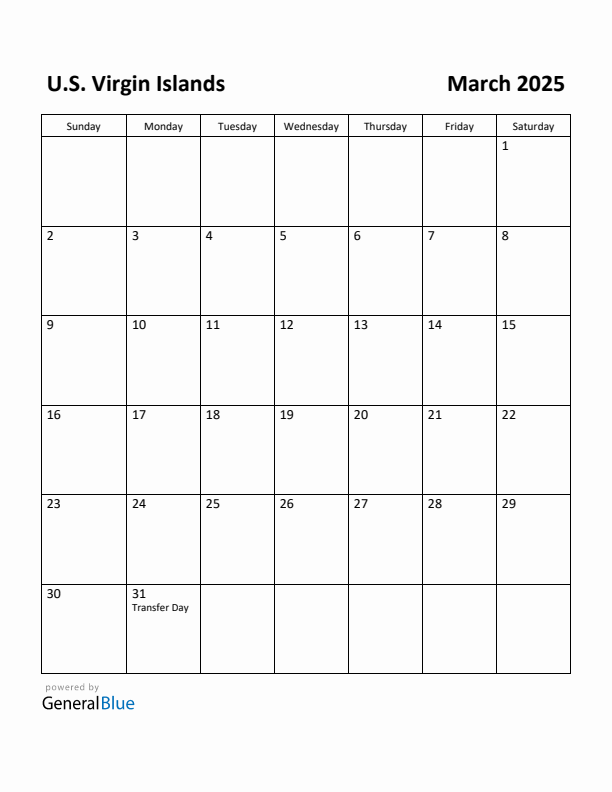 March 2025 Calendar with U.S. Virgin Islands Holidays
