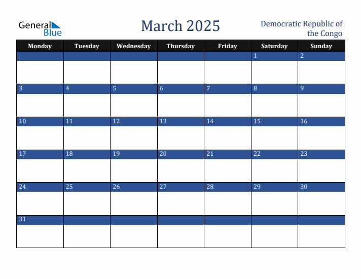 March 2025 Democratic Republic of the Congo Calendar (Monday Start)