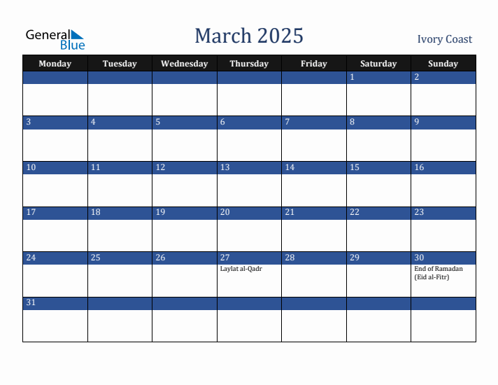 March 2025 Ivory Coast Calendar (Monday Start)