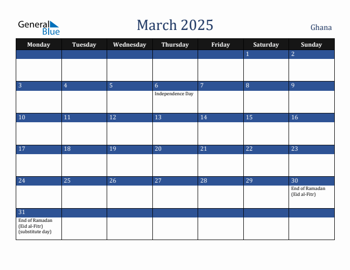 March 2025 Ghana Calendar (Monday Start)