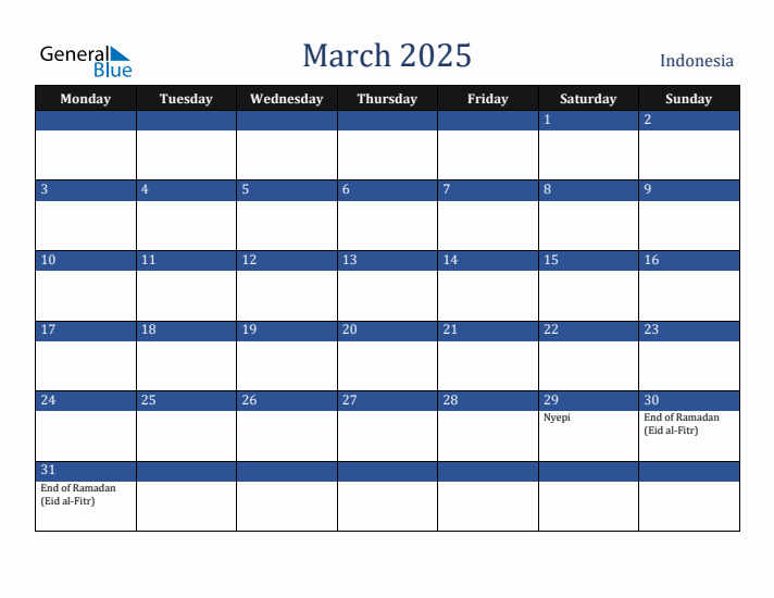 March 2025 Indonesia Calendar (Monday Start)