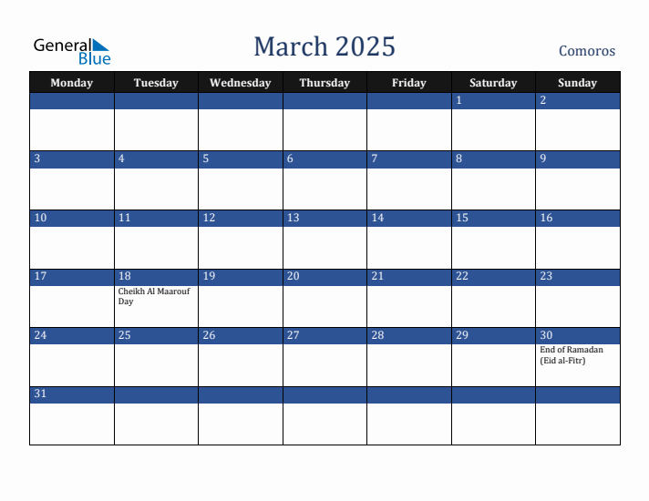 March 2025 Comoros Calendar (Monday Start)