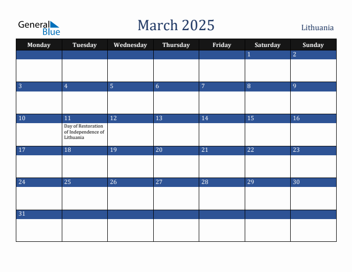 March 2025 Lithuania Calendar (Monday Start)