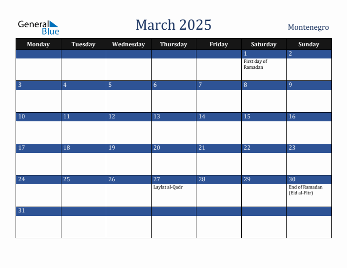 March 2025 Montenegro Calendar (Monday Start)