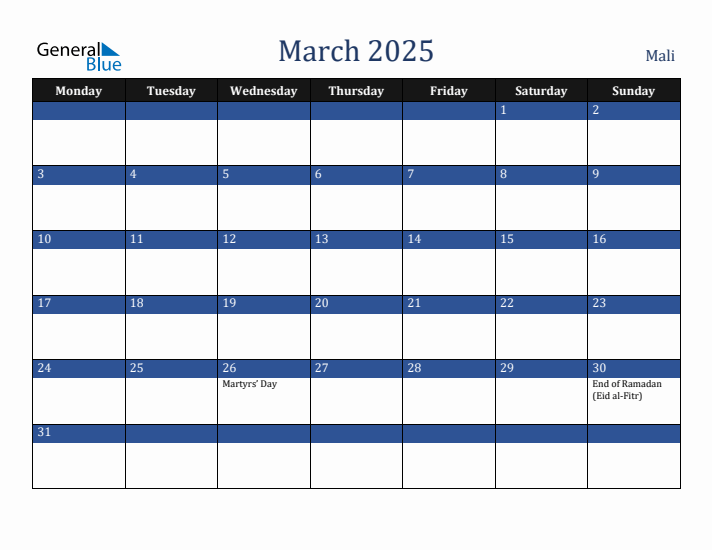 March 2025 Mali Calendar (Monday Start)