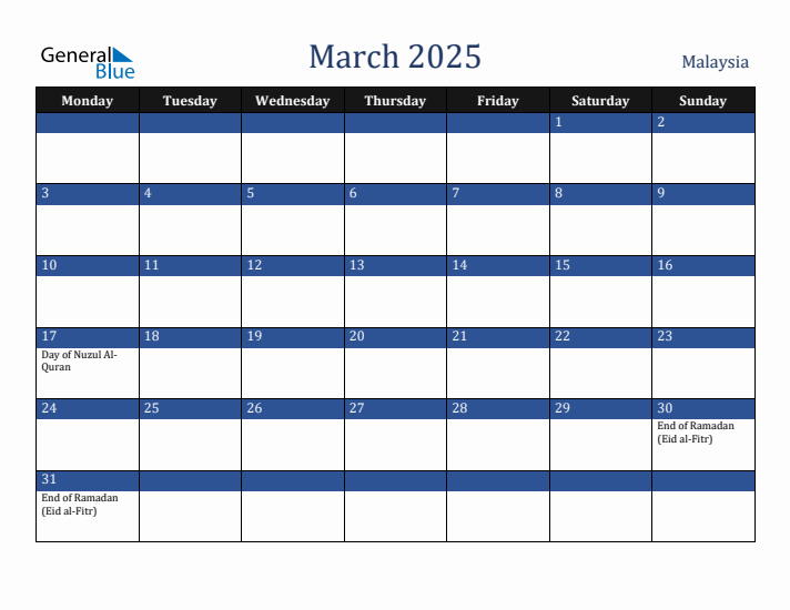 March 2025 Malaysia Calendar (Monday Start)
