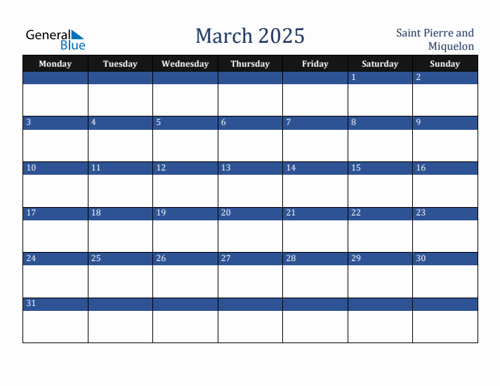 March 2025 Saint Pierre and Miquelon Calendar (Monday Start)