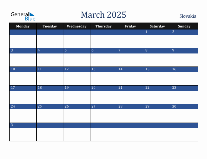 March 2025 Slovakia Calendar (Monday Start)