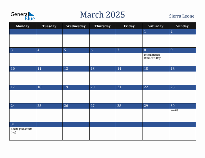 March 2025 Sierra Leone Calendar (Monday Start)