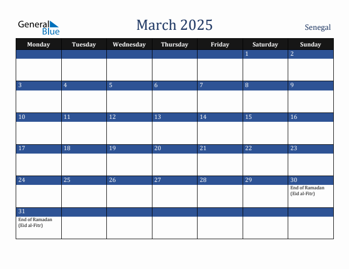 March 2025 Senegal Calendar (Monday Start)