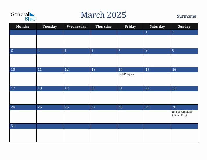 March 2025 Suriname Calendar (Monday Start)