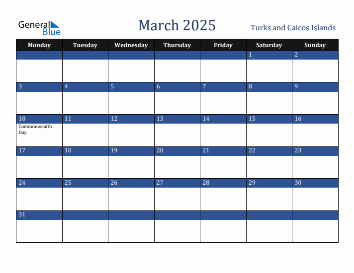 March 2025 Turks and Caicos Islands Calendar (Monday Start)