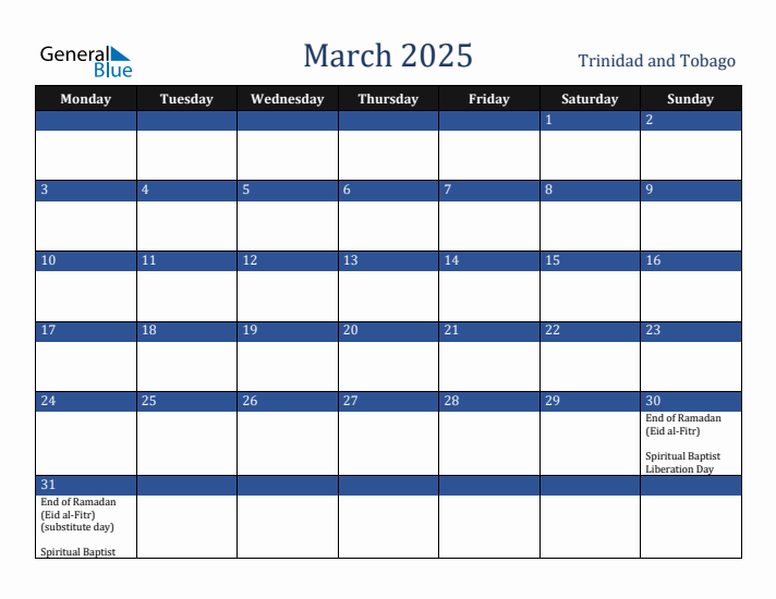 March 2025 Trinidad and Tobago Calendar (Monday Start)