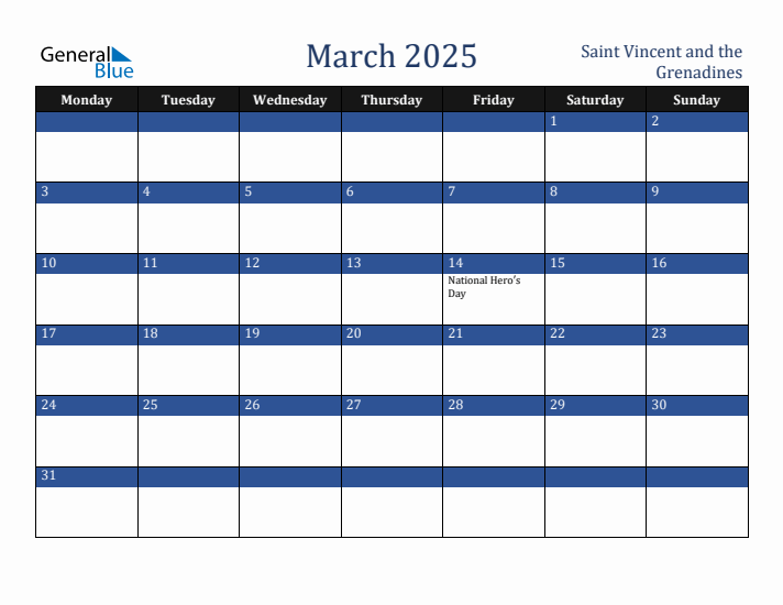 March 2025 Saint Vincent and the Grenadines Calendar (Monday Start)