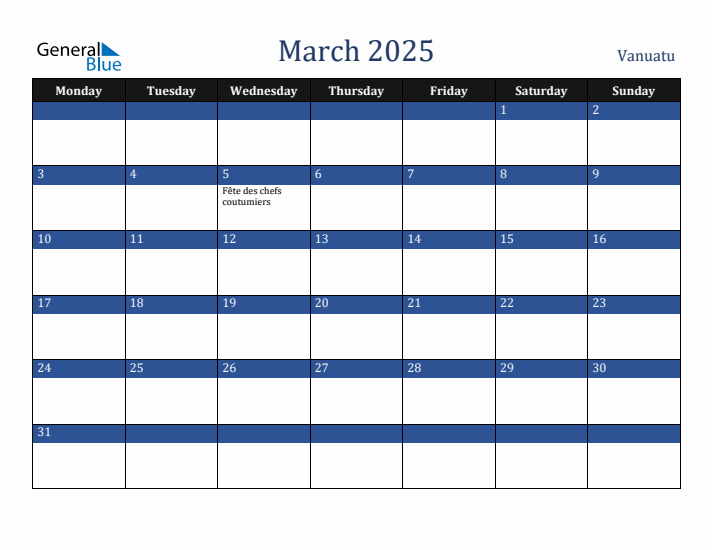 March 2025 Vanuatu Calendar (Monday Start)