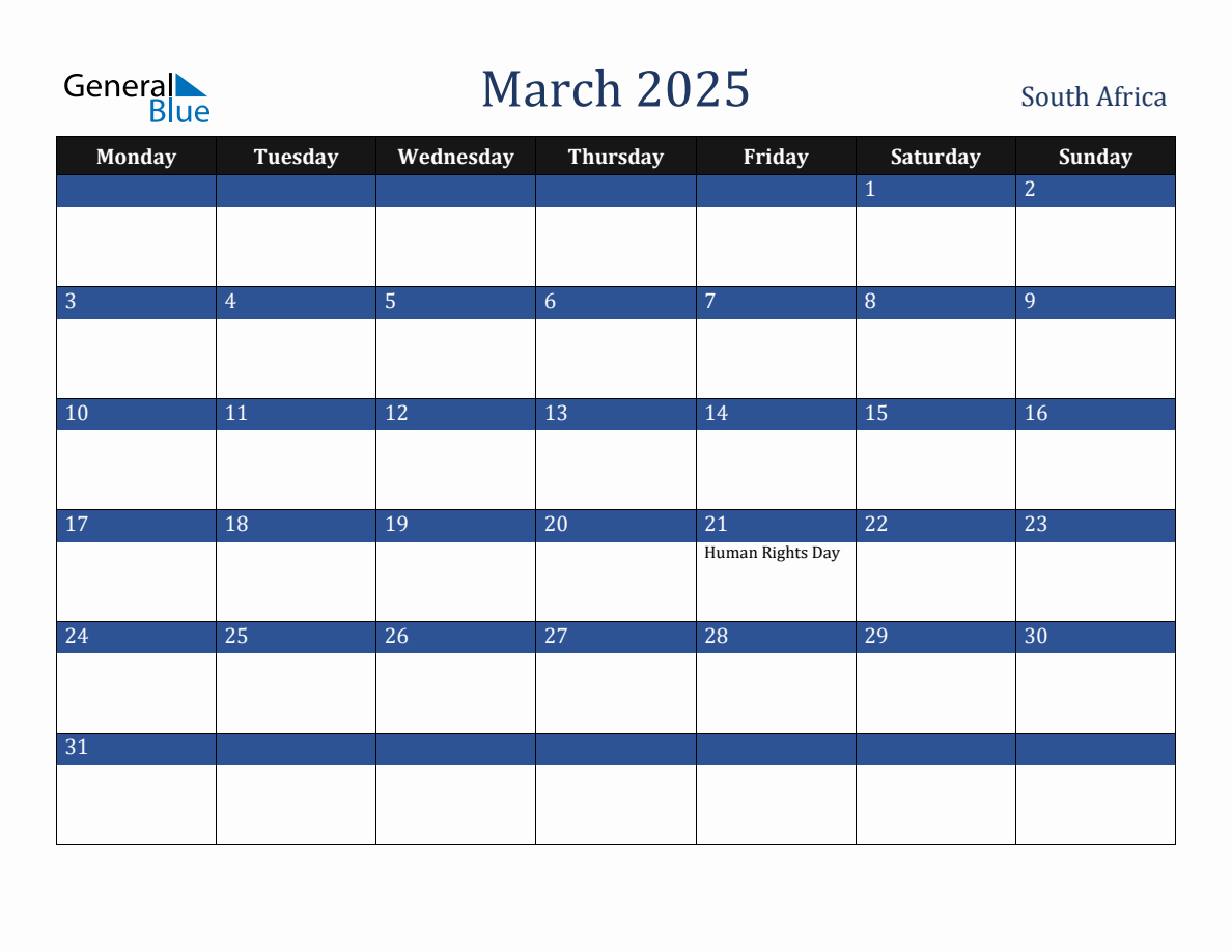 March 2025 South Africa Holiday Calendar (Monday Start)