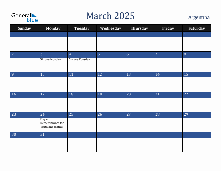 March 2025 Argentina Calendar (Sunday Start)