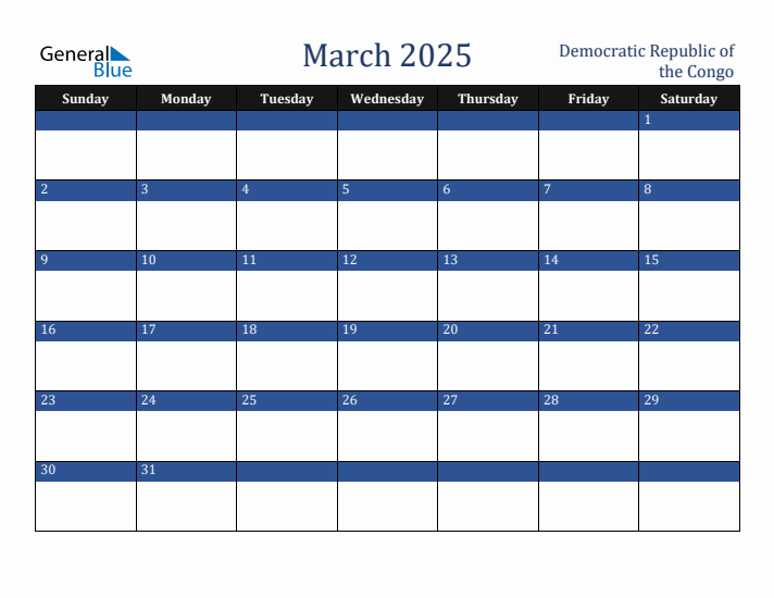 March 2025 Democratic Republic of the Congo Calendar (Sunday Start)