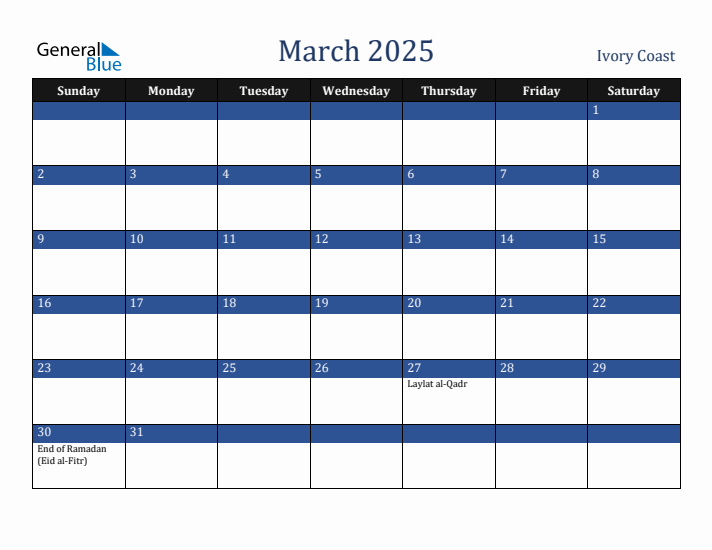 March 2025 Ivory Coast Calendar (Sunday Start)