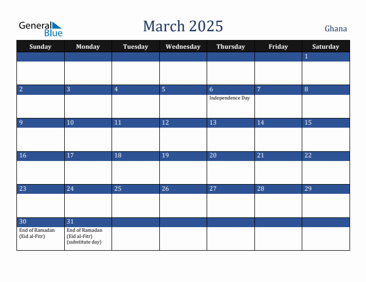 March 2025 Ghana Calendar (Sunday Start)