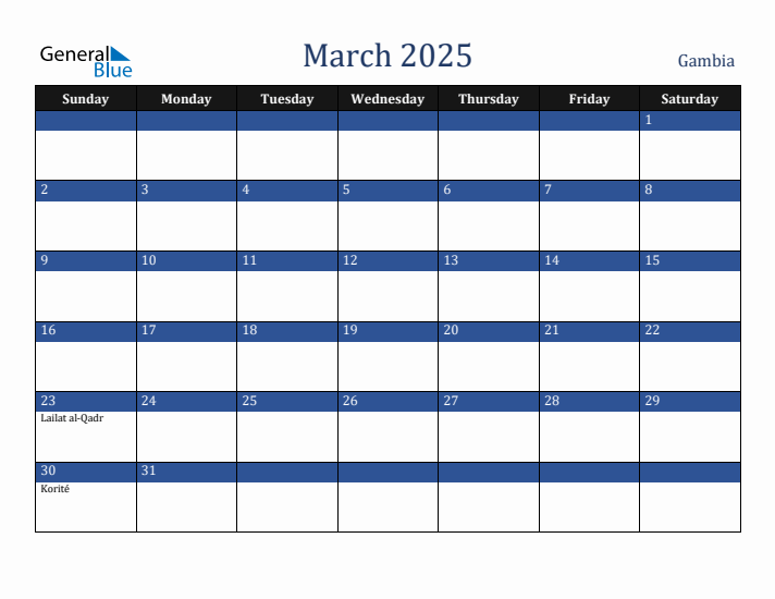 March 2025 Gambia Calendar (Sunday Start)