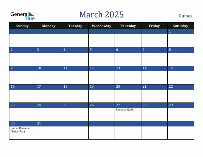 March 2025 Guinea Calendar (Sunday Start)