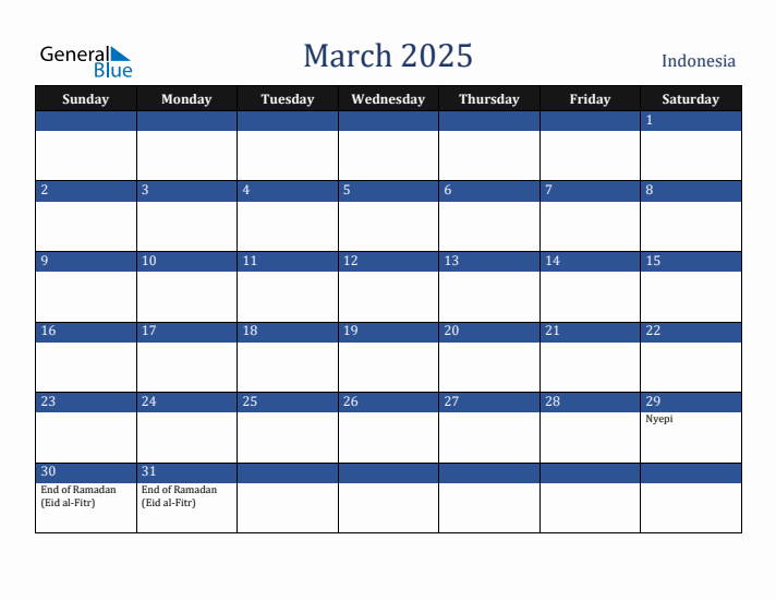 March 2025 Indonesia Calendar (Sunday Start)