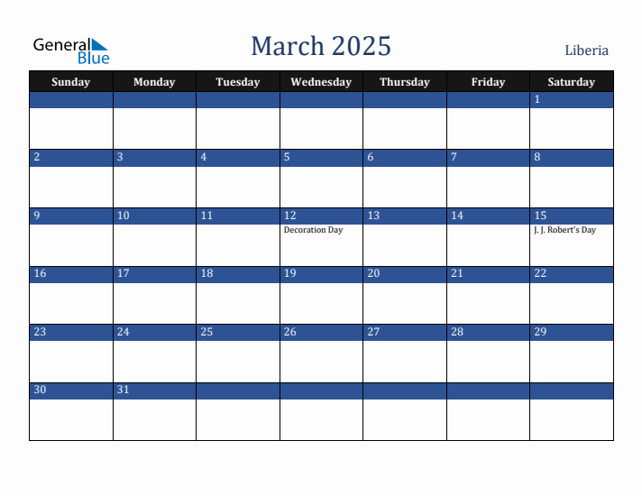 March 2025 Liberia Calendar (Sunday Start)