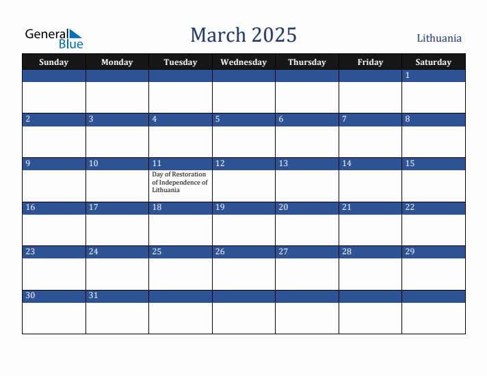 March 2025 Lithuania Calendar (Sunday Start)