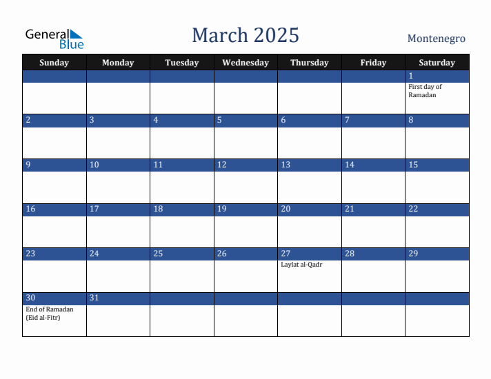 March 2025 Montenegro Calendar (Sunday Start)