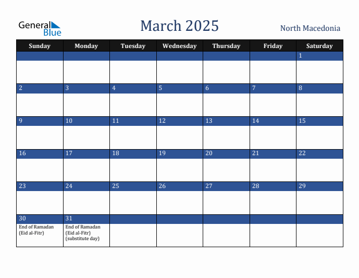 March 2025 North Macedonia Calendar (Sunday Start)
