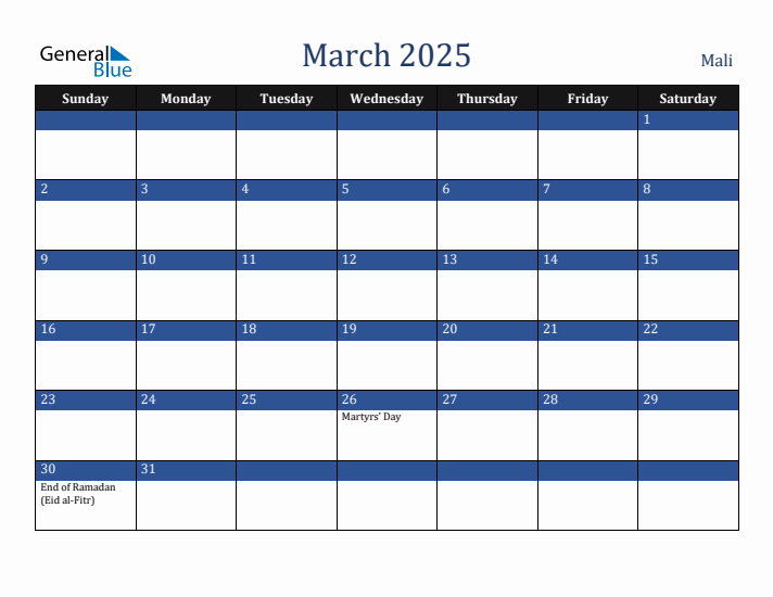 March 2025 Mali Calendar (Sunday Start)