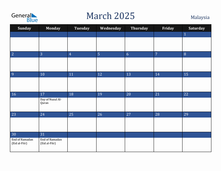 March 2025 Malaysia Calendar (Sunday Start)