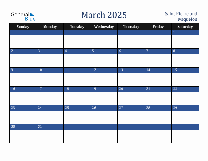 March 2025 Saint Pierre and Miquelon Calendar (Sunday Start)
