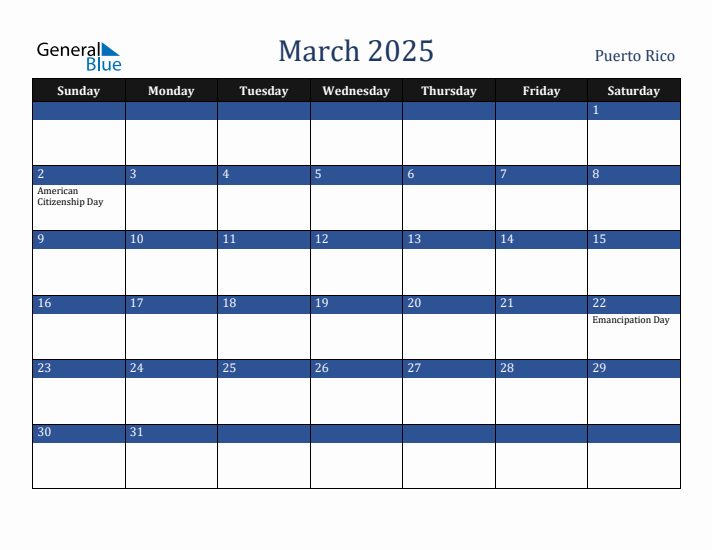 March 2025 Puerto Rico Calendar (Sunday Start)
