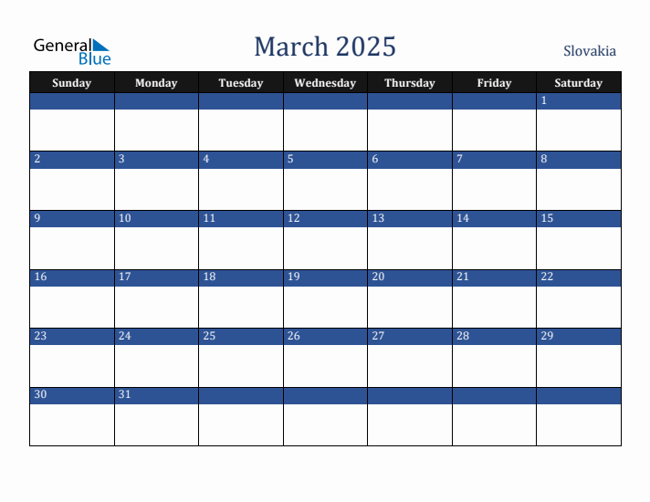 March 2025 Slovakia Calendar (Sunday Start)