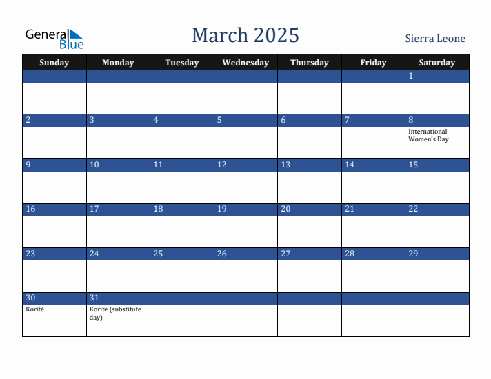 March 2025 Sierra Leone Calendar (Sunday Start)