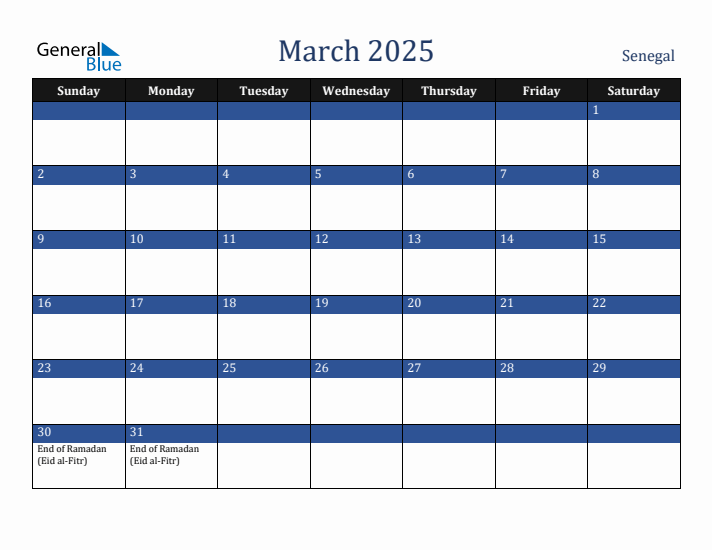 March 2025 Senegal Calendar (Sunday Start)