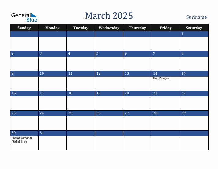 March 2025 Suriname Calendar (Sunday Start)