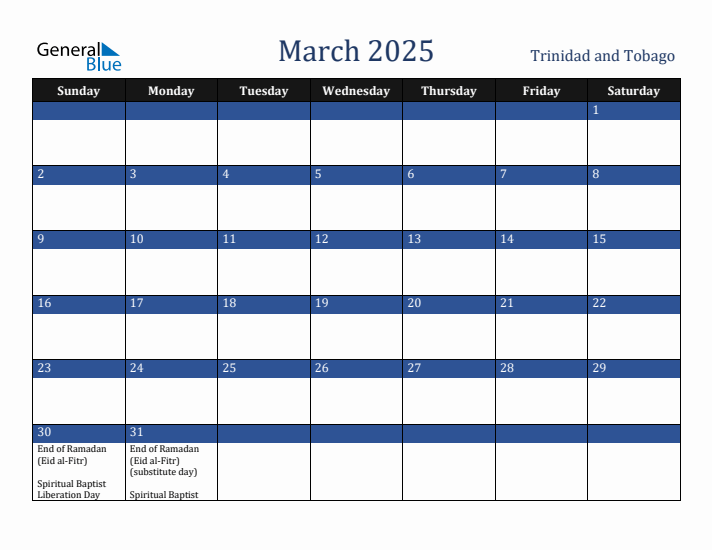 March 2025 Trinidad and Tobago Calendar (Sunday Start)