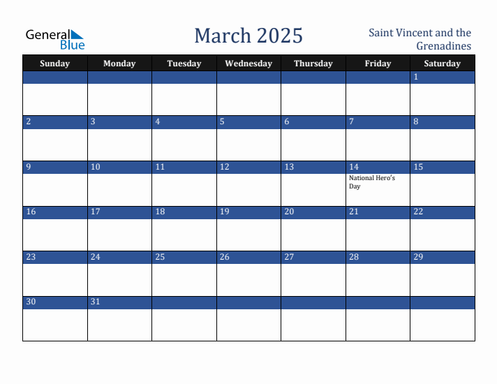 March 2025 Saint Vincent and the Grenadines Calendar (Sunday Start)