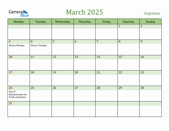 March 2025 Calendar with Argentina Holidays