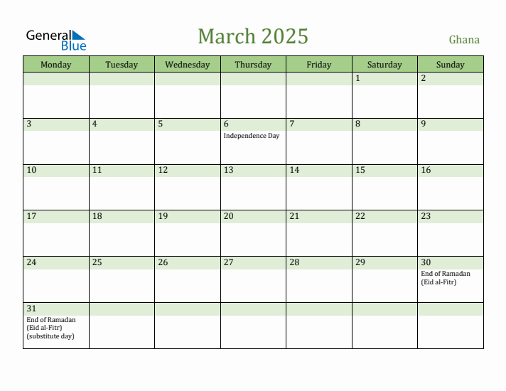 March 2025 Calendar with Ghana Holidays